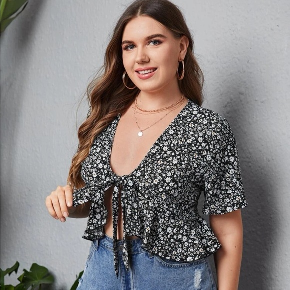 Black with White Ditsy Floral Print Tie-Front Cropped Blouse - Picture 1 of 14